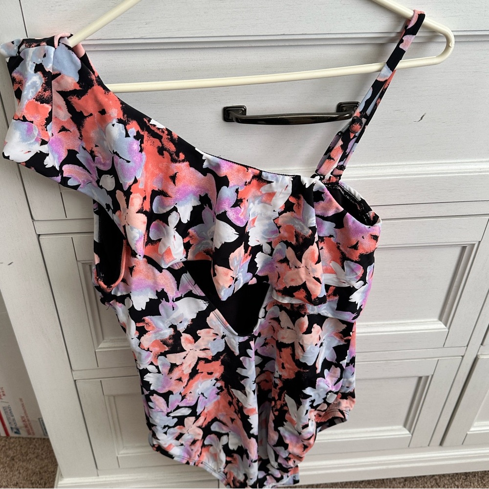 Time and Tru Black and Pink Floral Swimsuit